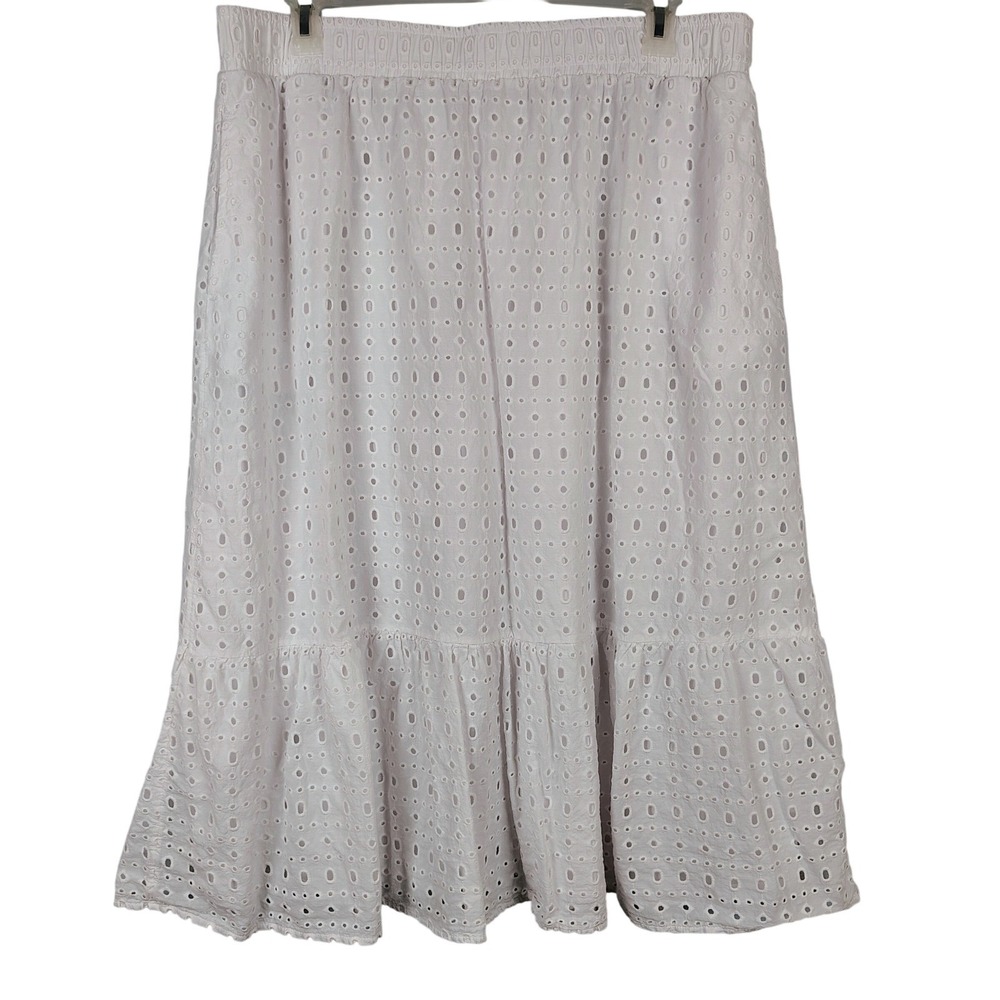 Womens XL Time‎ and Tru Eyelet Midi Skirt White Cotton Tiered Cottagecore Boho